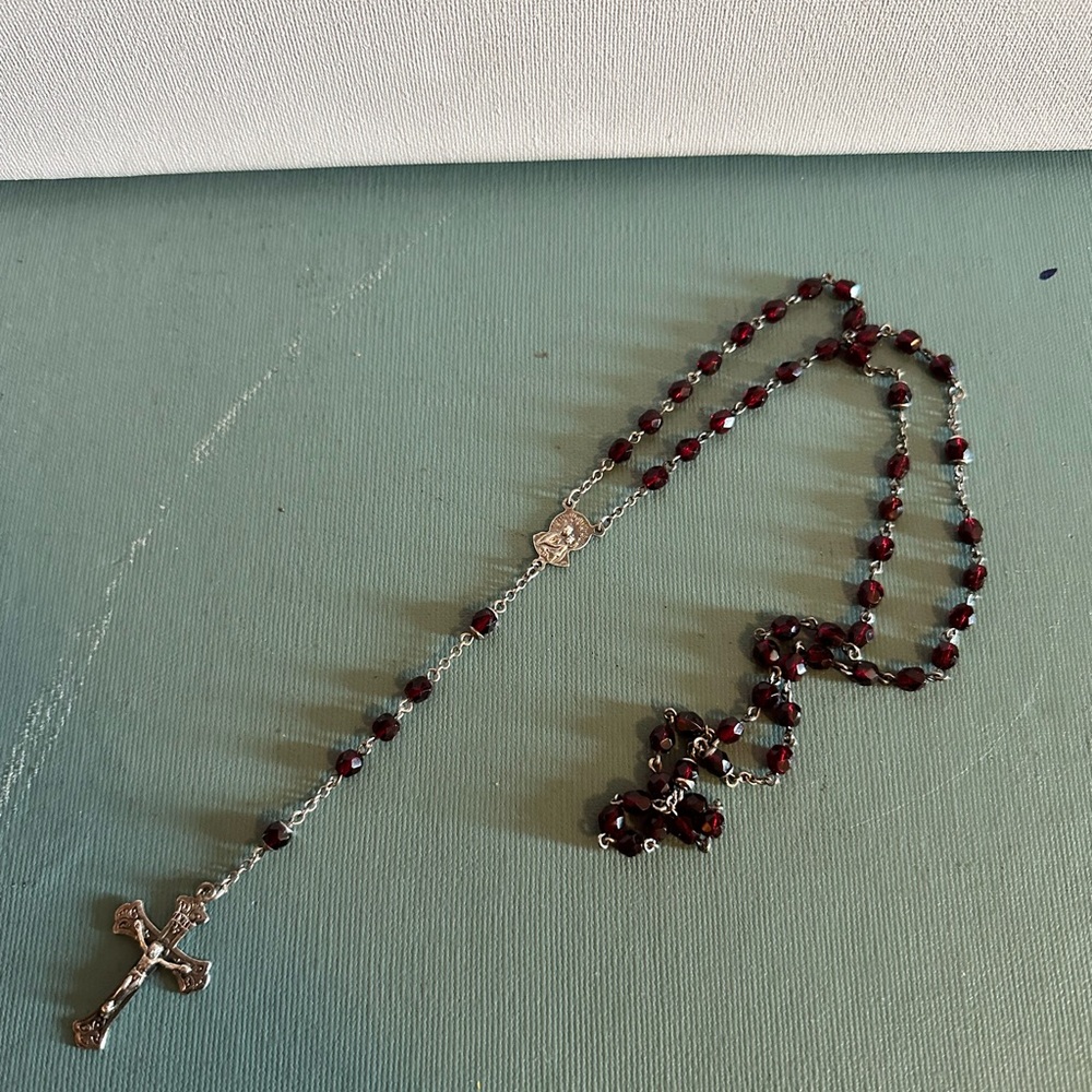 Vintage Sterling Silver and Red Garnet Beaded Cross Crucifix Rosary Necklace